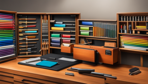 An image showcasing a diverse toolbox filled with vibrant paintbrushes, sharpened pencils, a sleek laptop, and a notepad brimming with keywords
